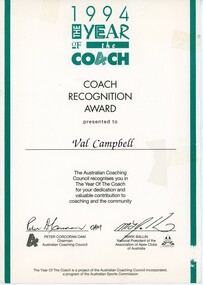 Document - VAL CAMPBELL COLLECTION: CERTIFICATE 1994 COACH OF THE YEAR RECOGNITION AWARD AND LETTER, 1994
