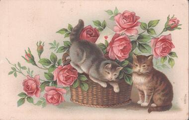 Postcard - DECORATIVE CATS IN A BASKET OF ROSES