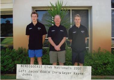 Photograph - VAL CAMPBELL COLLECTION: PHOTOGRAPH OF THREE MEN JACOB LOWRY CHRIS GEYER (COACH) AND KAYNE JOHNS BENDDIGO EAST CLUB NATIONALS 2007, 2007