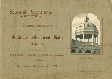 Programme - SWEENEY COLLECTION: SOUVENIR PROGRAMME SOLDIERS' MEMORIAL HALL, 1921