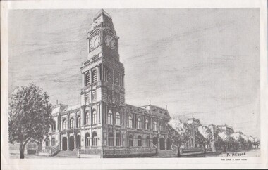 Document - WES HARRY COLLECTION: THREE PENCIL DRAWINGS OF BENDIGO SITES (POST OFFICE, ALEXANDRA FOUNTAIN & TOWN HALL)