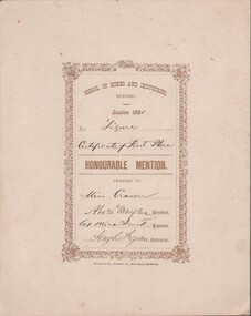 Document - WES HARRY COLLECTION: 1880 SCHOOL OF MINES AND INDUSTRIES CERTIFICATE OF FIRST PLACE AND HONOURABLE MENTION PRESENTED TO MISS CRAVEN, FOR A 'FIGURE'