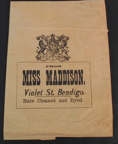 Ephemera - WES HARRY COLLECTION: LARGE BROWN PAPER BAG MARKED MISS MADDISON VIOLET STREET  - HATS CLEANED AND DYED
