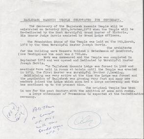 Document - EAGLEHAWK HISTORICAL SOCIETY COLLECTION: EAGLEHAWK MASONIC TEMPLE