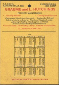 Domestic Object - WES HARRY COLLECTION: 1984 CALENDER FLYER FROM GRAEME AND L. HUTCHINGS