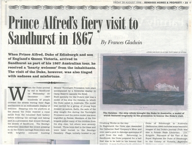 Newspaper - NEWSPAPER COLLECTION: PRINCE ALFRED'S FIERY VISIT TO SANDHURST IN 1867