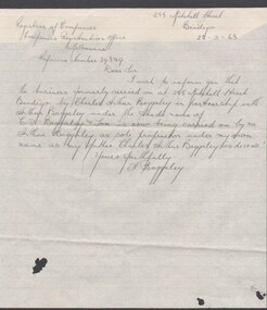 Document - BAGGALEY COLLECTION: HAND WRITTEN LETTER ADVISING REGISTRAR OF COMPANIES ADVISING OF CHANGE OF OWNERSHIP OF PREMISES