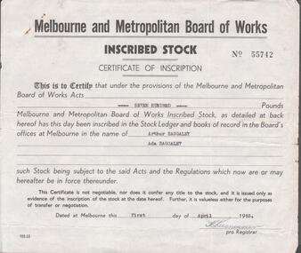 Document - BAGGALEY COLLECTION: SHARE ISSUE MELBOURNE AND METROPOLITAN BOARD OF WORKS