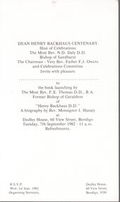 Document - ROYAL HISTORICAL SOCIETY OF VICTORIA COLLECTION: DEAN BACKHAUS CENTENARY