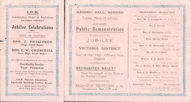 Document - INDEPENDENT ORDER OF RECHABITES: JUBILEE CELEBRATIONS MASONIC HALL BENDIGO