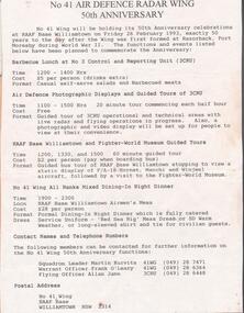 Document - RAAF RADAR REUNION COLLECTION: NO. 41 AIR DEFENCE RADAR WING 50TH ANNIVERSARY