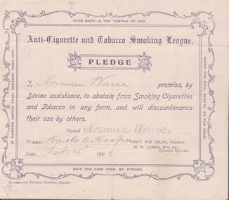 Document - WARNE COLLECTION: ANTI CIGARETTES PLEDGE