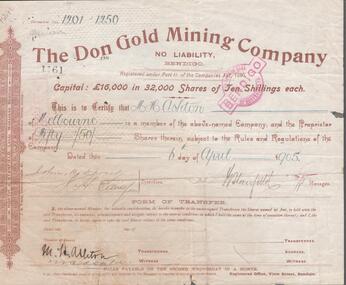 Document - WARNE COLLECTION: THE DON GOLD MINING COMPANY SHARE SCRIPT