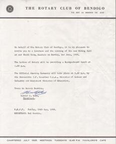 Document - AILEEN AND JOHN ELLISON COLLECTION: LETTER ROTARY CLUB OF BENDIGO