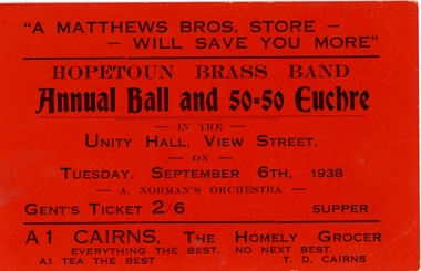 Ephemera - HOPETOUN BRASS BAND ANNUAL BALL Ticket, 1938