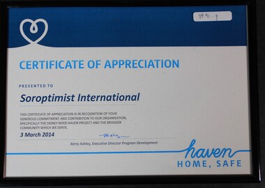 Document - SOROPTIMIST BENDIGO COLLECTION CERTIFICATE OF APPRECIATION 2014, 2014