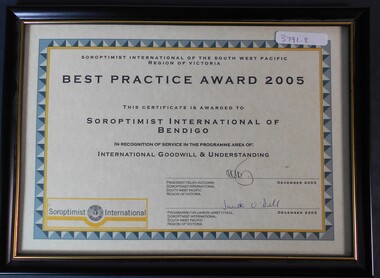 Document - SOROPTIMIST BENDIGO COLLECTION BEST PRACTICE AWARD, 2005