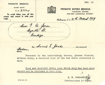 Document - G.ALICE JONES COLLECTION: PROBATE DUTIES BRANCH CORRESPONDENCE