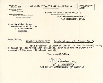 Document - G. ALICE JONES COLLECTION: LETTER FEDERAL ESTATE DUTY