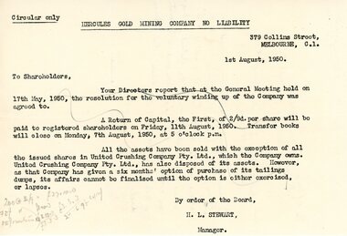 Document - G. ALICE JONES COLLECTION: LETTER HERCULES GOLD MINING COMPANY