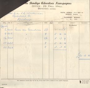 Document - H.A. & S.R. WILKINSON COLLECTION: BENDIGO ADVERTISER INVOICE