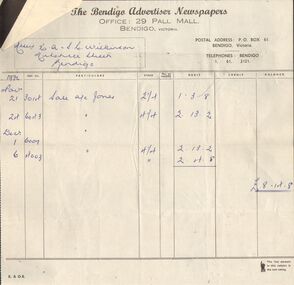 Document - H.A. & S.R. WILKINSON COLLECTION: BENDIGO ADVERTISER INVOICE
