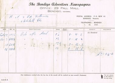 Document - H.A. & S.R. WILKINSON COLLECTION: BENDIGO ADVERTISER INVOICE