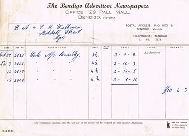 Document - H.A.& S.R. WILKINSON COLLECTION: BENDIGO ADVERTISER INVOICE