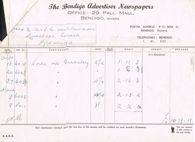 Document - H.A. & S.R. WILKINSON COLLECTION: BENDIGO ADVERTISER INVOICE