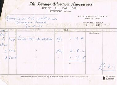 Document - H.A. & S.R. WILKINSON COLLECTION: BENDIGO ADVERTISER INVOICE