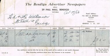 Document - H.A.& S.R. WILKINSON COLLECTION: BENDIGO ADVERTISER INVOICE