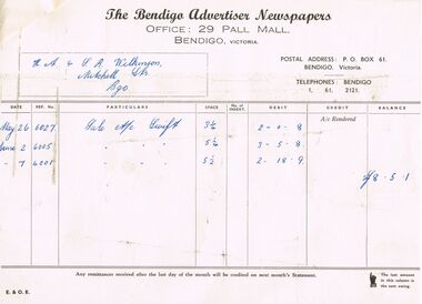 Document - H.A. & S.R. WILKINSON COLLECTION: BENDIGO ADVERTISER INVOICE