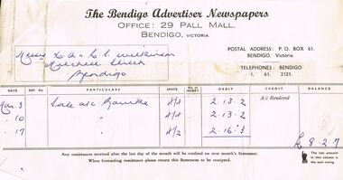 Document - H.A. & S.R. WILKINSON COLLECTION: BENDIGO ADVERTISER INVOICE