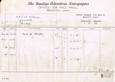 Document - H.A.& S.R WILKINSON COLLECTION: BENDIGO ADVERTISER INVOICE