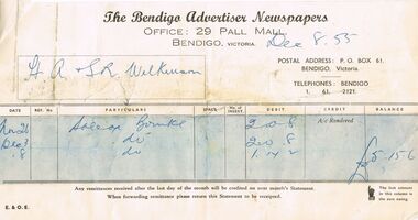 Document - H.A & S.R. WILKINSON COLLECTION: BENDIGO ADVERTISER INVOICE