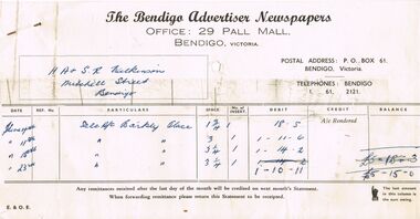 Document - H.A. & S.R. WILKINSON COLLECTION: BENDIGO ADVERTISER INVOICE