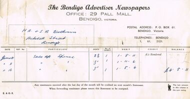 Document - H.A & S.R. WILKINSON COLLECTION: BENDIGO ADVERTISER INVOICE