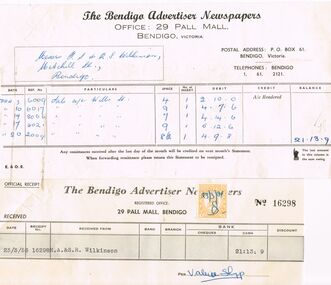 Document - H.A & S.R. WILKINSON COLLECTION: BENDIGO ADVERTISER INVOICE