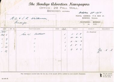 Document - H.A. & S.R. WILKINSON COLLECTION: BENDIGO ADVERTISER INVOICE