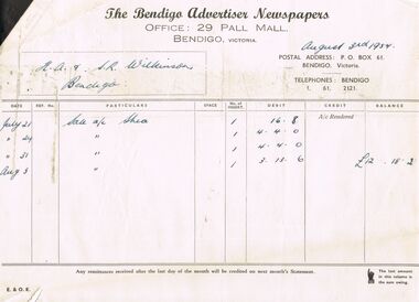 Document - H.A. & S.R. WILKINSON COLLECTION: BENDIGO ADVERTISER INVOICE