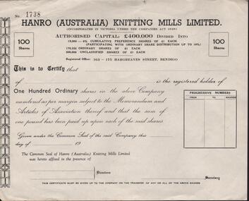 Document - HANRO COLLECTION: HANRO 100 ORDINARY SHARES CERTICIFATE, 1968