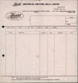 Document - HANRO COLLECTION: HANRO (AUSTRALIA) KNITTING MILLS LIMITED INVOICE AND PACKING SLIP