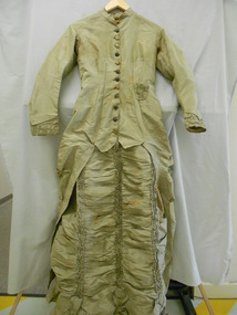 Clothing - SAGE COLOURED SILK LONG SLEEVED DRESS, Silk long Sleeved Dress, 1880-1890's