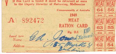 Ephemera - MISS G ALICE JONES COLLECTION:  WWII MEAT RATION CARD, 1940's