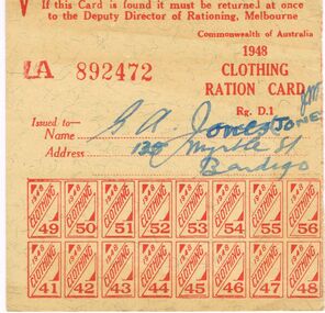 Ephemera - MISS G ALICE JONES COLLECTION: WWII CLOTHING RATION CARD, 1948