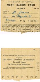 Ephemera - MISS G ALICE JONES COLLECTION:  COMMONWEALTH OF AUSTRALIA MEAT RATION CARD, 1947
