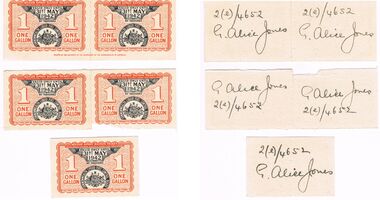Ephemera - MISS G ALICE JONES COLLECTION:  WWII ONE GALLON FUEL RATION CARD, 31/05/1942