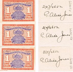 Ephemera - MISS G ALICE JONES COLLECTION:  WWII ONE GALLON FUEL RATION TICKET, 31/07/1941