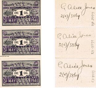 Ephemera - MISS G ALICE JONES COLLECTION:  WWII ONE GALLON RATION TICKET, 31/05/1941