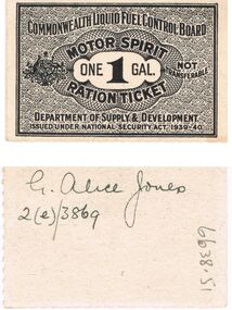 Ephemera - MISS G ALICE JONES COLLECTION: WWII ONE GALLON FUEL RATION TICKET